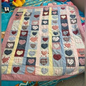 Patchwork Heart Quilted Throw in Pink, Blue & Yellow